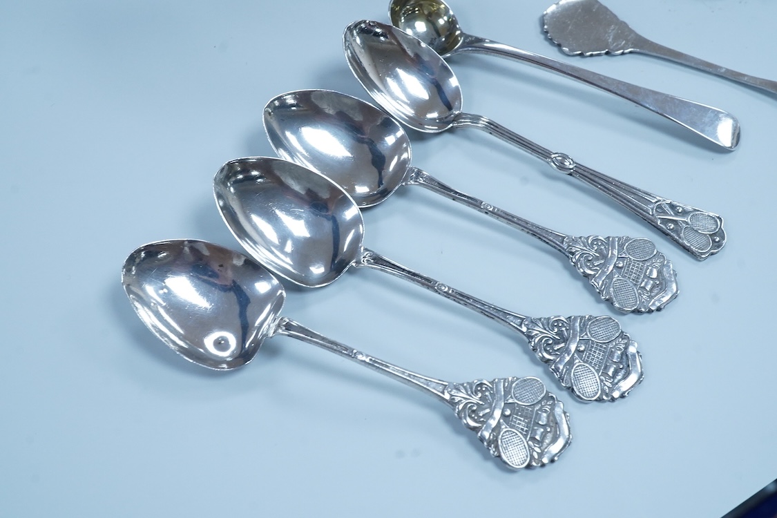 A pair of George VI silver sauceboats, with scroll handles, Stokes & Ireland, 1936, 16.2cm, together with four silver tennis related teaspoons (1 a.f.) and two small silver condiment spoons.